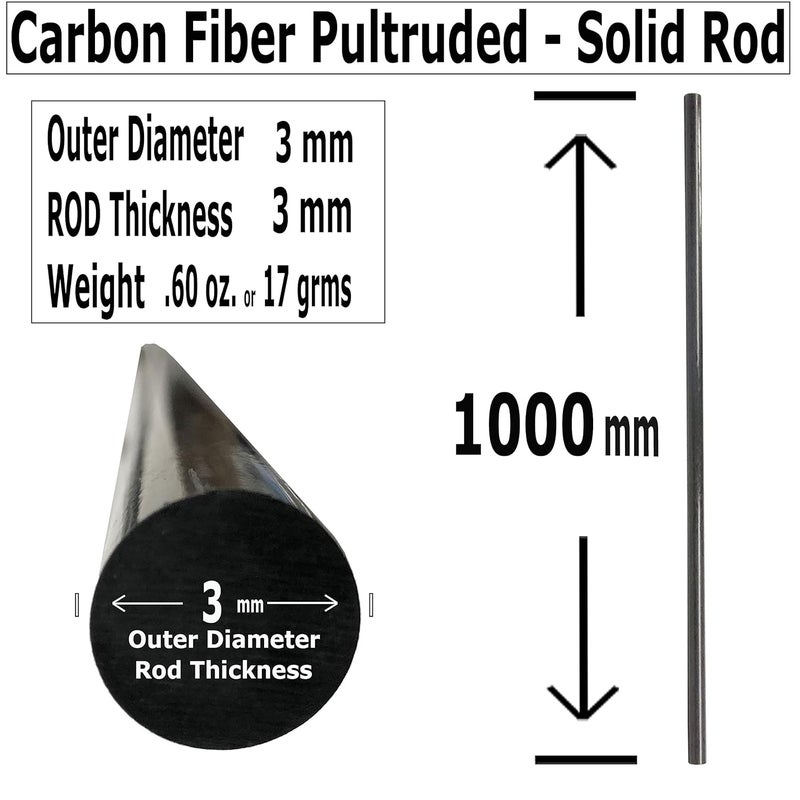 KARBXON 3mm x 1000mm Round Carbon Fiber Rod - Black Matte Finish - Industrial Grade - Carbon Fiber - Image 2